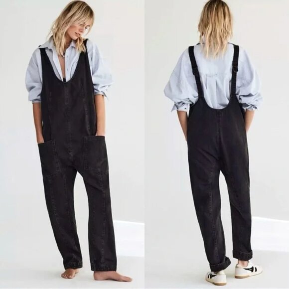 Free People We The Free High Roller Denim Jumpsuit Mineral Black Size Large - Picture 3 of 14